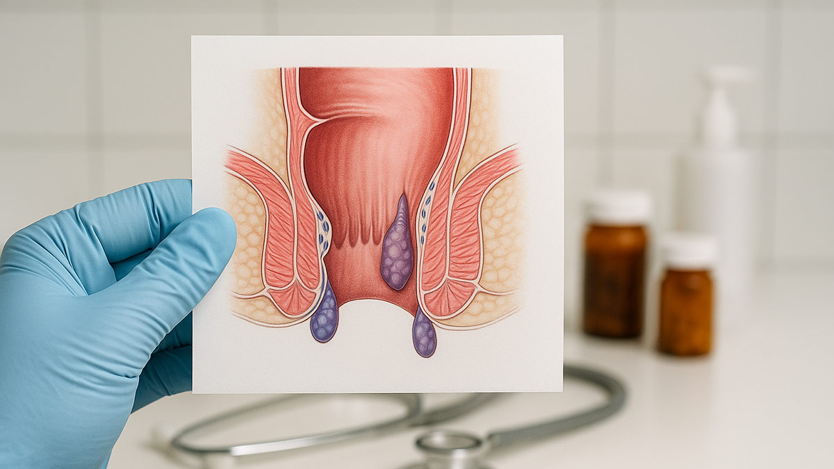 Medical professional holding anatomical illustration of hemorrhoids, emphasizing the genetic link in are hemorrhoids hereditary discussion.