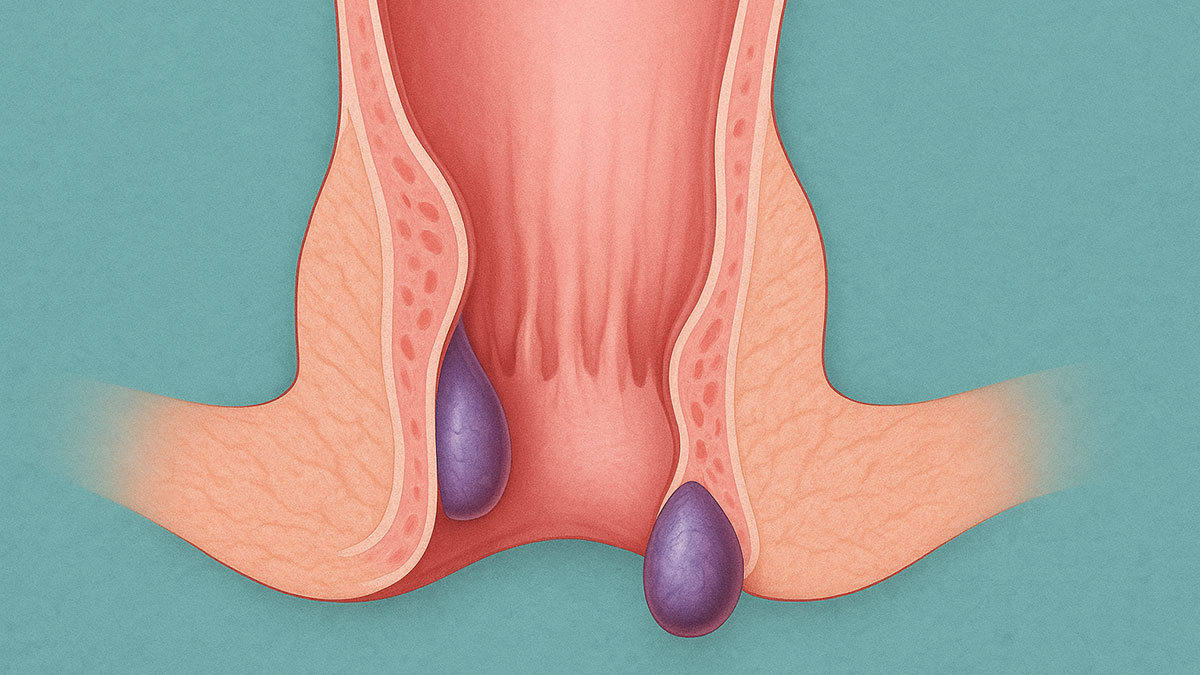 Realistic medical illustration showing a cross-section of the anal canal with clearly defined internal and external hemorrhoids, used for educational health content.